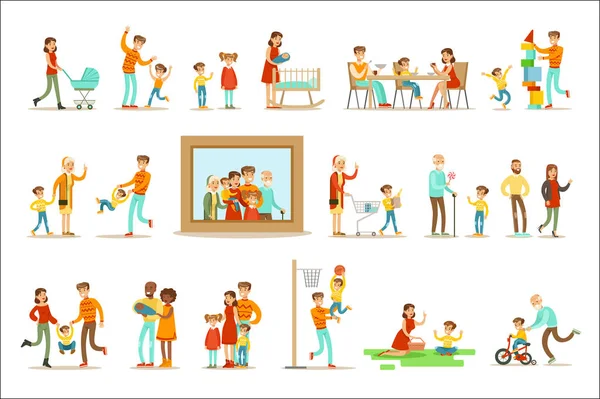 Glückliche Familie beim gemeinsamen Tun Illustration rund um großes Porträtbild — Stockvektor