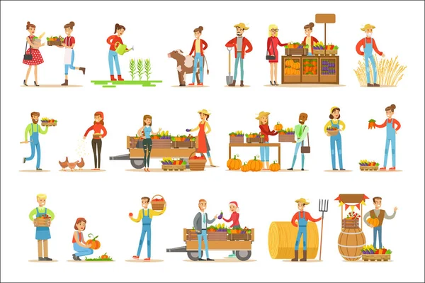 Farmers Men And Women Working At The Farm And Selling Fresh Farming Vegetables On Natural Organic Product Market — Stock Vector