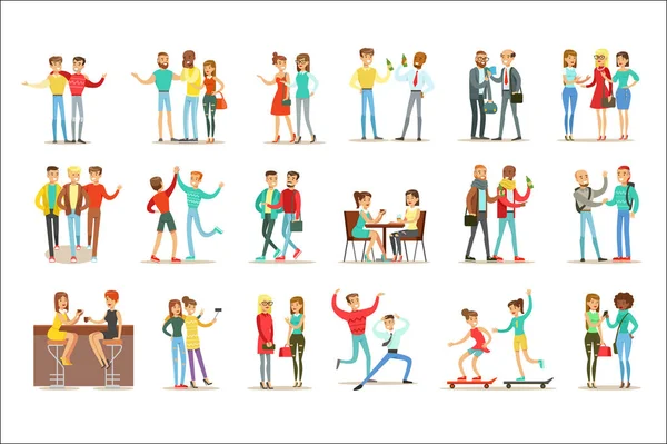 Birlikte iyi vakit geçiriyor, çıkıyor ve arkadaşlık temalı illüstrasyonlar kümesi konuşmak mutlu arkadaşlarım