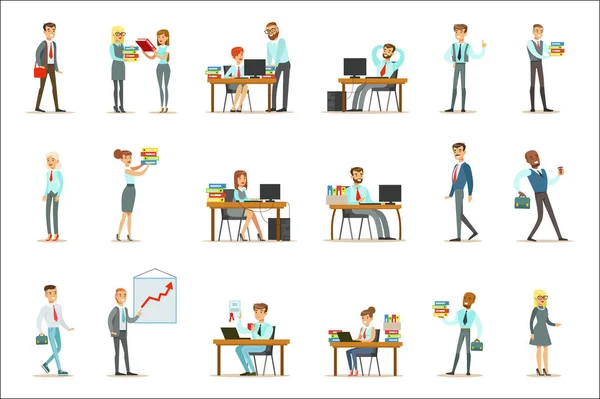 Щасливі офісні працівники та менеджери працюють в офісному просторі на своїх столах та виконують інші завдання набір ілюстрацій — стоковий вектор
