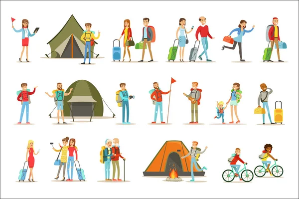 Gelukkige mensen reizen en Camping Trips reeks Flat Cartoon toeristen tekens — Stockvector