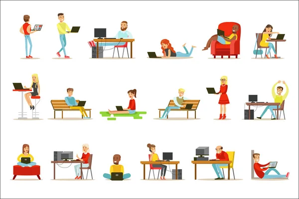 Pessoas felizes gastando seu tempo usando o computador conjunto de ilustrações vetoriais com homens e mulheres usando a tecnologia moderna —  Vetores de Stock