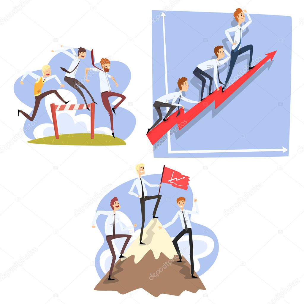 Businessmen overcoming obstacles to achieving the goals, teamwork, business, career development concept vector Illustration on a white background