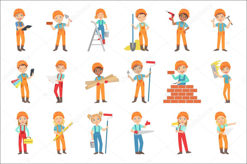 Children Doing Construction Work Set Of Bright Color Isolated Vector Drawings In Simple Cartoon Design