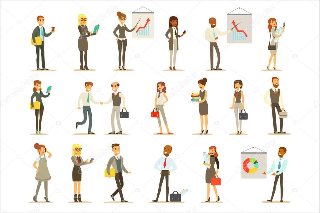 Business, Finance And Office Employees In Suits Busy At Work Set Of Cartoon Businessman And Businesswoman Characters Illustrations