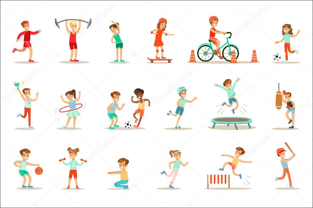 Kids Practicing Different Sports And Physical Activities In Physical
