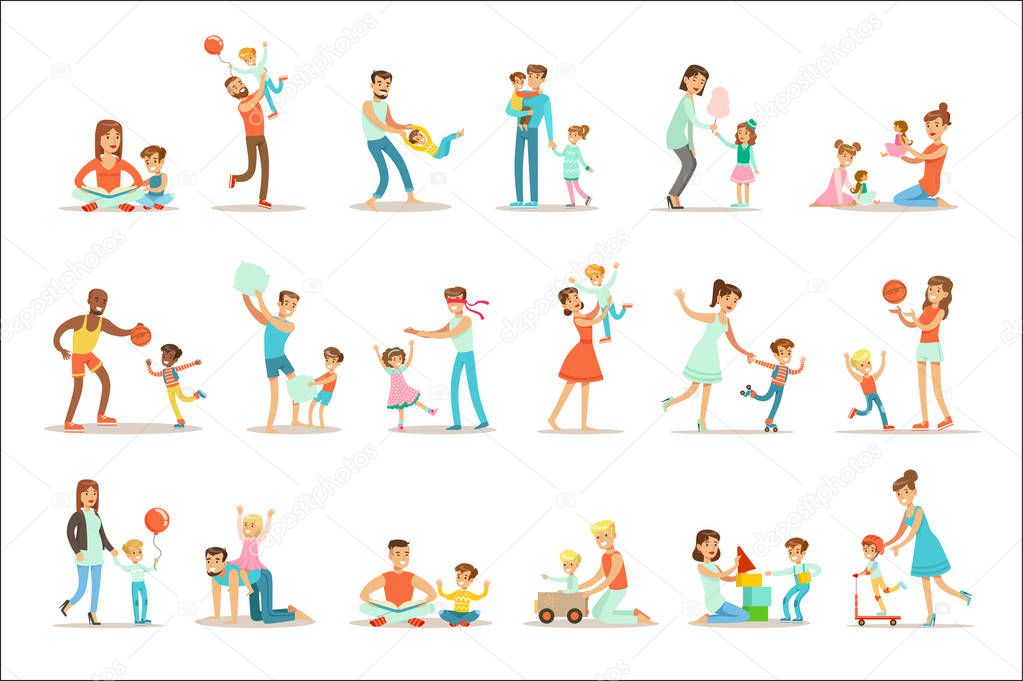 Loving Fathers Playing And Enjoying Good Quality Daddy Time With Their Happy Children Set Of Cartoon Illustrations