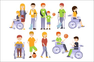 Bedensel Engelli insanlar kadın ve Engelli erkek gülümseyen illüstrasyonlar sakatlık kümesi tam mutlu yaşam