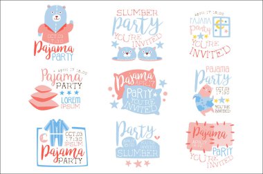 Pink And Blue Girly Pajama Party Invitation Templates Set Inviting Kids For The Slumber Pyjama Overnight Sleepover Cards clipart