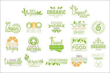 Vegan doğal gıda kümesi şablon Cafe Logo işaretleri yeşil, turuncu renkler sağlıklı yaşam tarzı ve eko ürünler teşvik