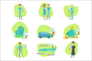 Infographic illüstrasyonlar sigorta sözleşmesi gülümseyen insanlar farklı karmaşık durumlarda şirket koruma hizmetleri