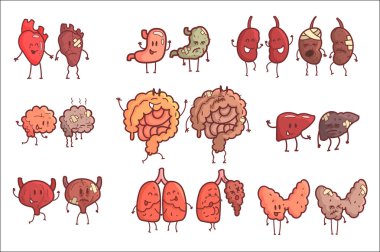 Human Internal Organs Healthy Vs Unhealthy Set Of Medical Anatomic Funny Outlined Comic Character Pairs Organism Parts In Comparison Happy Against Sick And Damaged