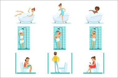 İnsanlar tuvalete yapıyor onların rutin hijyen prosedürleri, alma banyo, duş ve tuvalet kullanarak. Her gün yıkamak için lavabo Oda ve vektör çizimler kişisel temizlik Seti kullanan kişiler.
