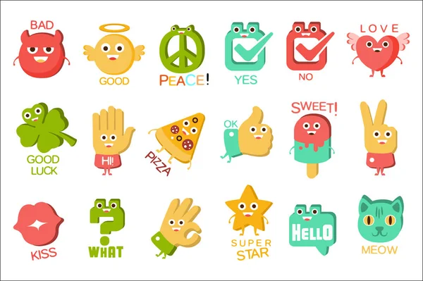 Words And Corresponding Illustrations, Cartoon Character Objects With Eyes Illustrating The Text Emoji Set — Stock Vector