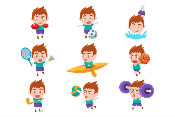 Niño deportista haciendo diferentes tipos de deporte Conjunto de ilustraciones — Vector de stock