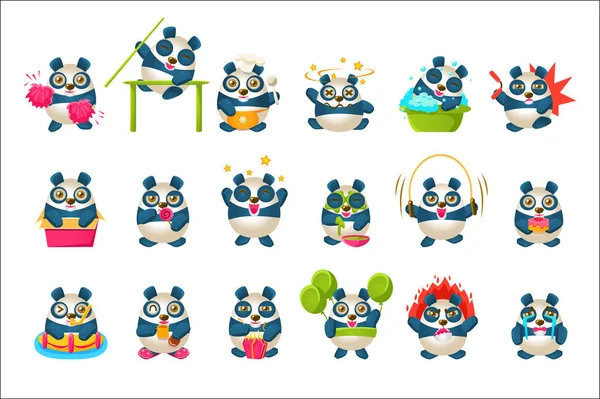 Mignon panda emoji collection avec humanisé personnage de bande dessinée faisant différentes choses — Image vectorielle