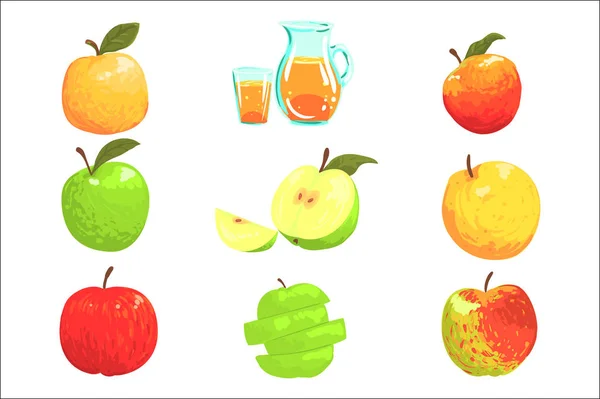 Mele e succo di mela Stile fresco Illustrazioni luminose — Vettoriale Stock
