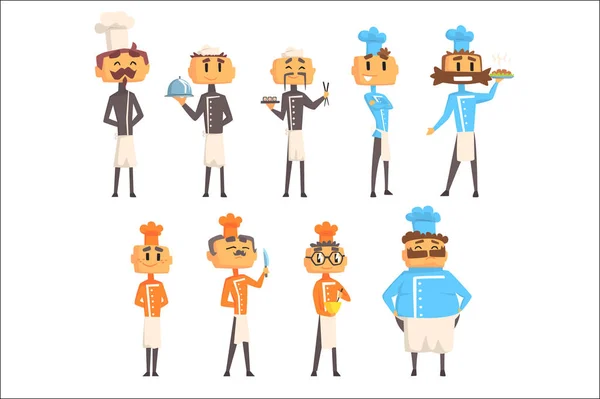 Restaurant Chef Cuisines Set Of Man personnages de bande dessinée dans la veste à double poitrine classique et chapeau — Image vectorielle