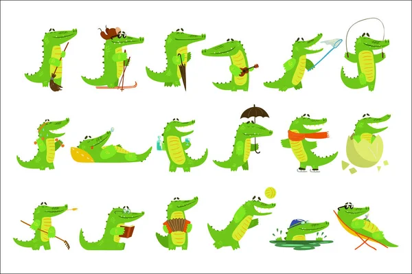 Humanized Crocodile Character Every Day Activities Set Of Illustrations — Stock Vector
