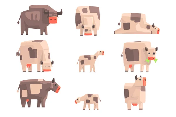 Spielzeug einfache geometrische Bauernhofkühe stehend und liegend, während sie eine Reihe lustiger Tiervektorillustrationen durchblättern. — Stockvektor