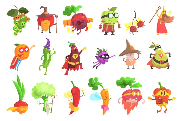 Silly Fantastic Fruit And Vegetable Characters Set — Stock Vector
