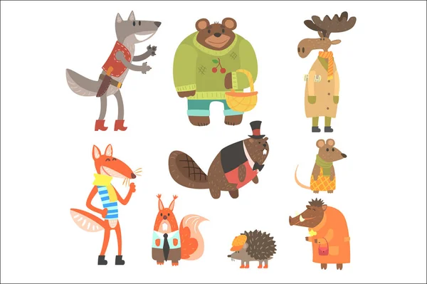 Animali della foresta vestiti con abiti umani set di illustrazioni — Vettoriale Stock