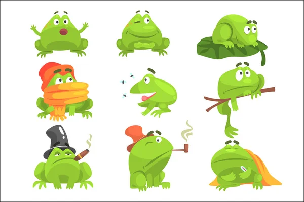 Green Frog Funny Character Set Of Different Activities — Stock Vector