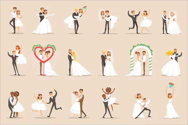 Mariés posant et dansant sur la partie de mariage ensemble de scènes — Image vectorielle