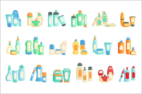 Cosmetc produkter flaskor uppsättningar samling av illustrationer — Stock vektor