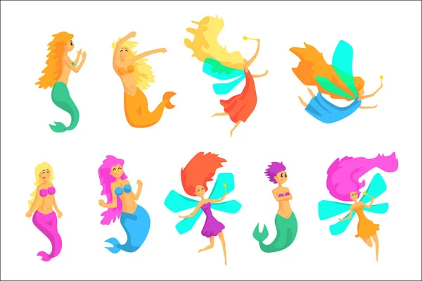 Sirenas y hadas cuentos de hadas criaturas fantásticas con alas cola de pescado conjunto de personajes de dibujos animados coloridos — Archivo Imágenes Vectoriales