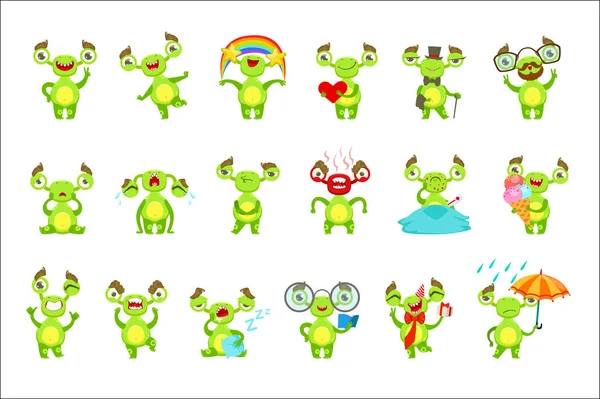 Green Monster Character Different Emotions And Situations Set — Stock Vector