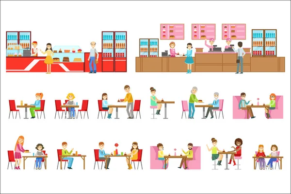 Persone in dolce pasticceria Cafe insieme di illustrazioni — Vettoriale Stock