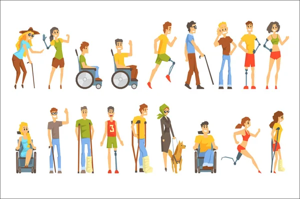 Young People With Permanent And Temporary Disabilities Overcoming The Injury Living Full Live Collection Of Vector Illustrations. — Stock Vector