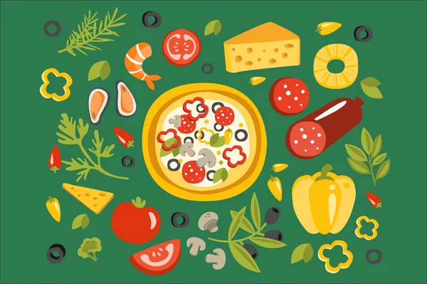 Pizza cercada com ingredientes diferentes para ele, preparação de pratos de cozinha italiana e ilustração de culinária — Vetor de Stock