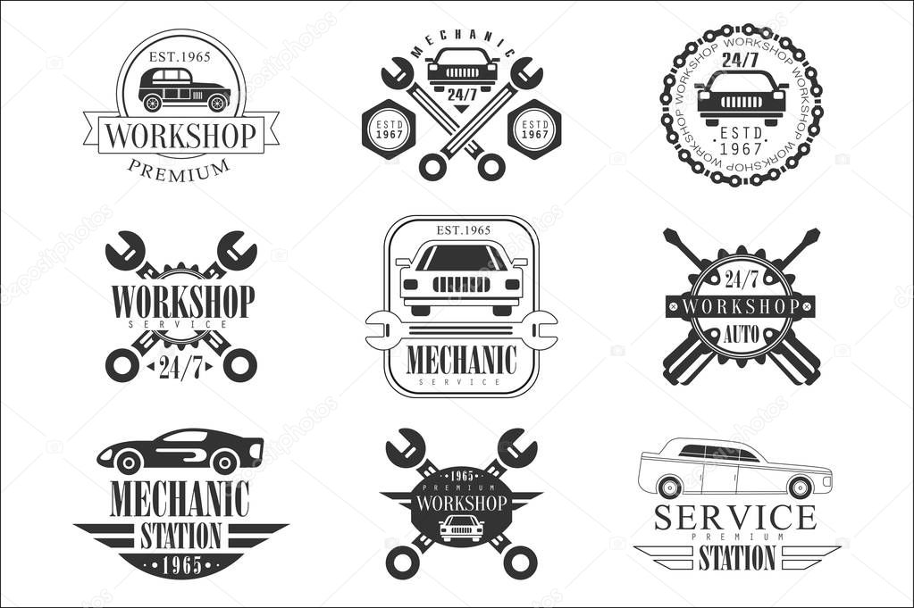 Auto Mechanic Black And White Emblems. Classic Style Vector Monochrome Graphic Design Logo Set With Text On White Background