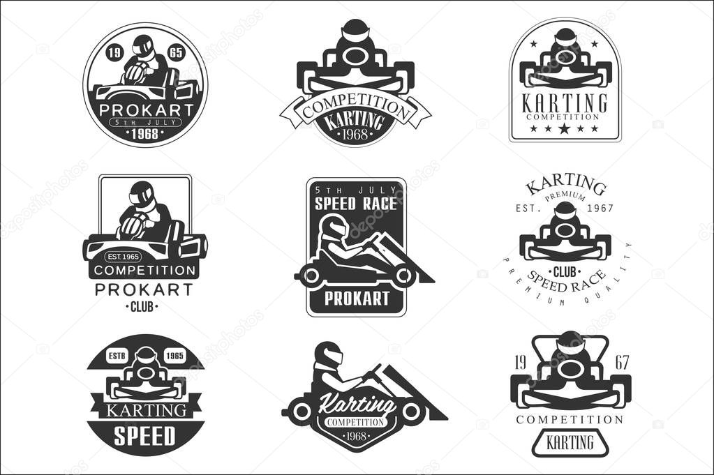 Premium Quality Procart Competition Club Set Of Black And White Emblems With Racing Karting Car Racer Silhouettes