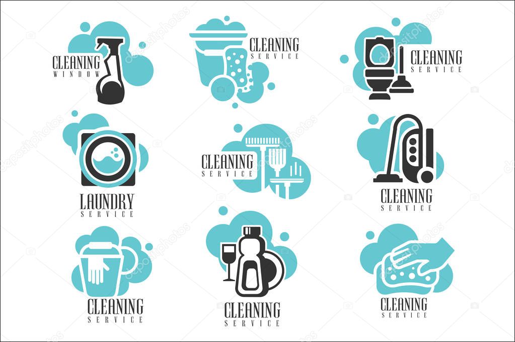 House And Office Cleaning Service Hire Labels Set, Logo Templates For Professional Cleaners Help For The Housekeeping. Different Possible Cleanup Zone Silhouettes On Promotional Vector Stickers In