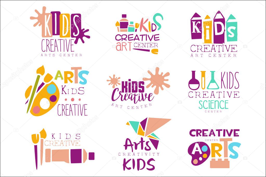Kids Creative Class Template Promotional Logo Set With Symbols Of Art and Creativity, Painting And Origami. Children Artistic Development Promo Advertisement Signs With Text.