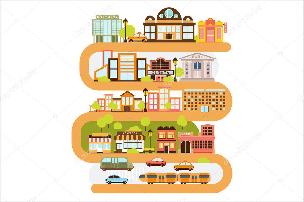 City Infrastructure And All The Urban Buildings Lined With The Curved Orange Line In Graphic Vector Illustration.