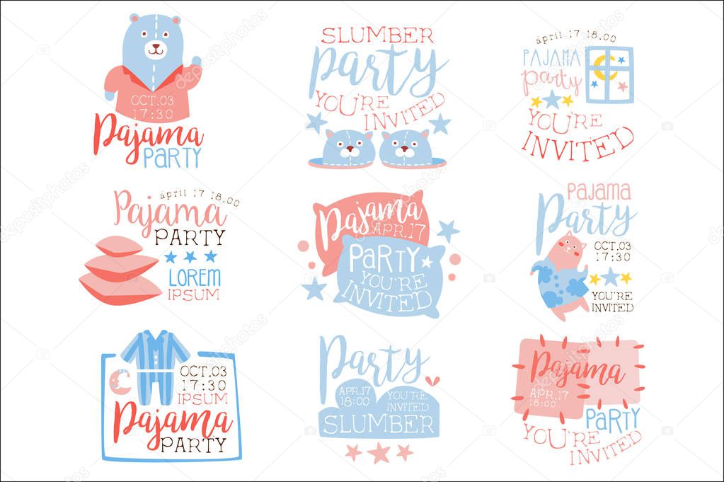Pink And Blue Girly Pajama Party Invitation Templates Set Inviting Kids For The Slumber Pyjama Overnight Sleepover Cards