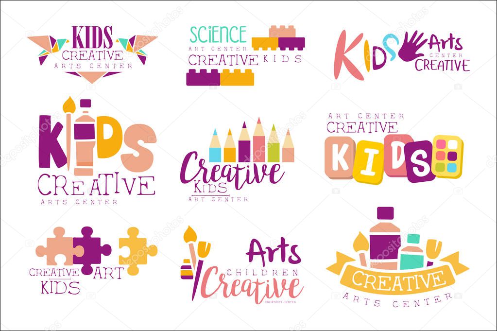 Kids Creative And Science Class Template Promotional Logo Set With Symbols Of Art and Creativity, Painting And Origami. Children Artistic Development Promo Advertisement Signs With Text.