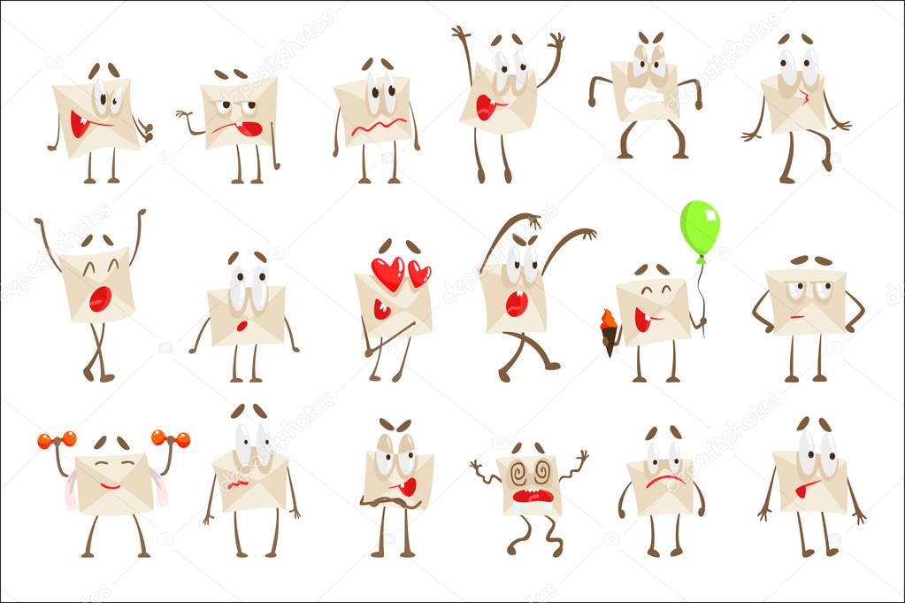 Letter Paper Envelop Cartoon Character Emotion Illustrations Set