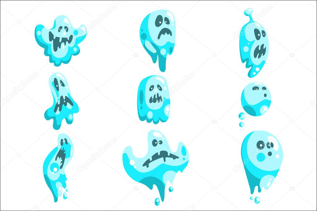 Blue Ghosts In Childish Cartoon Manner Set On White Background.