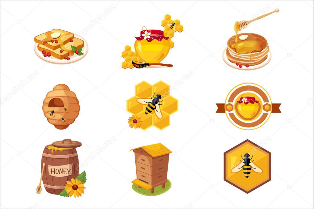 Honey And Related Food Label Set Of Illustrations