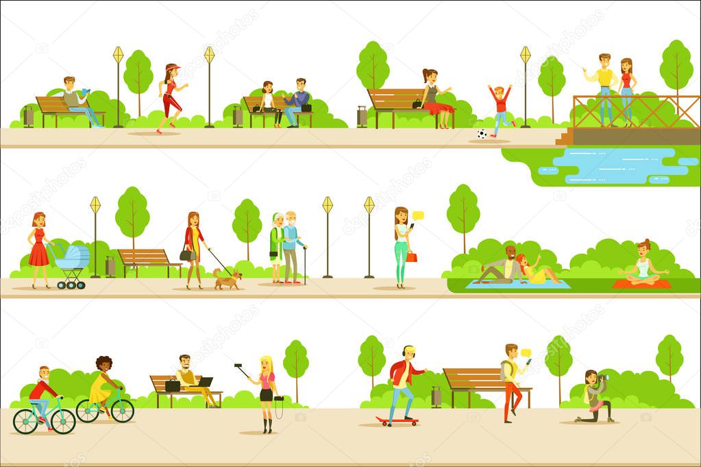 People Different Activities Outdoors Set Of Illustrations