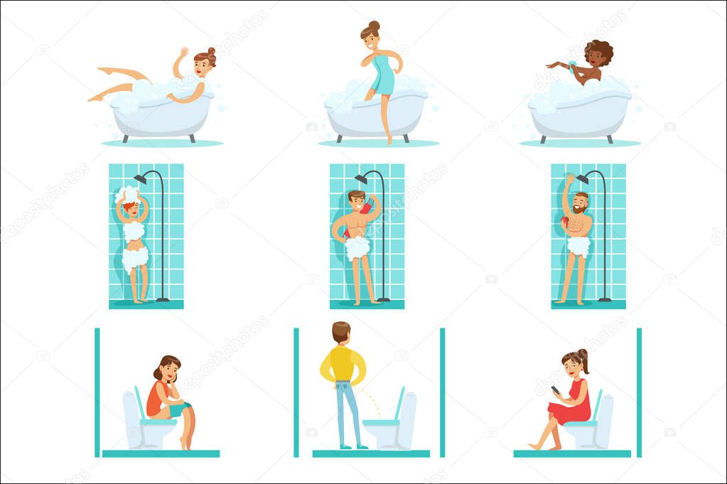 People In The Bathroom Doing Their Routine Hygiene Procedures, Taking Bath, Shower And Using Toilet. People Using Lavatory Room For The Daily Washing And Personal Cleanup Set Of Vector Illustrations.