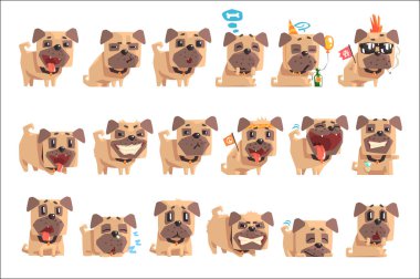 Küçük evde beslenen hayvan Pug köpek köpek yaka Emoji yüz ifadeleri ve faaliyetleri karikatür çizimler dizi
