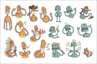 Orange Robot Set Of Cartoon Outlines Portraits clipart