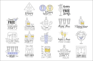Kokteyl Bar Happy Hour promosyon işareti tasarım şablonu kümesi farklı içecekler ve gözlük ile elle çizilmiş Hipster skeçler