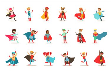 Children Pretending To Have Super Powers Dressed In Superhero Costumes With Capes And Masks Set Of Smiling Characters clipart